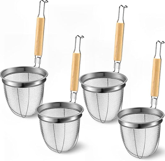 Patelai 4 Pcs Pasta Strainer Basket 5.5"x5.5" Stainless Steel Noodle Strainer with Wood Handle Kitchen Round Base Mesh Spider Basket Skimmer Food for Pasta, Ramen, Dumplings, and Deep-fried Foods