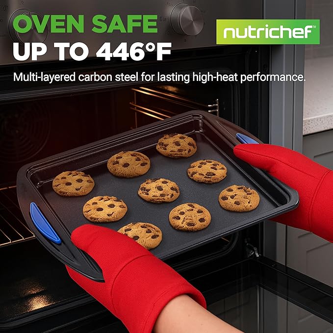 NutriChef 3-Piece Nonstick Cookie Sheet Tray Set - Baking Pans with Blue Silicone Handles, Stackable Design, Easy to Clean, Small, Medium, Large Carbon Steel Cookie Pans, Oven Safe to 446°F