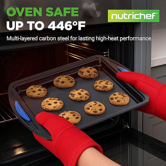 NutriChef 3-Piece Nonstick Cookie Sheet Tray Set - Baking Pans with Blue Silicone Handles, Stackable Design, Easy to Clean, Small, Medium, Large Carbon Steel Cookie Pans, Oven Safe to 446°F