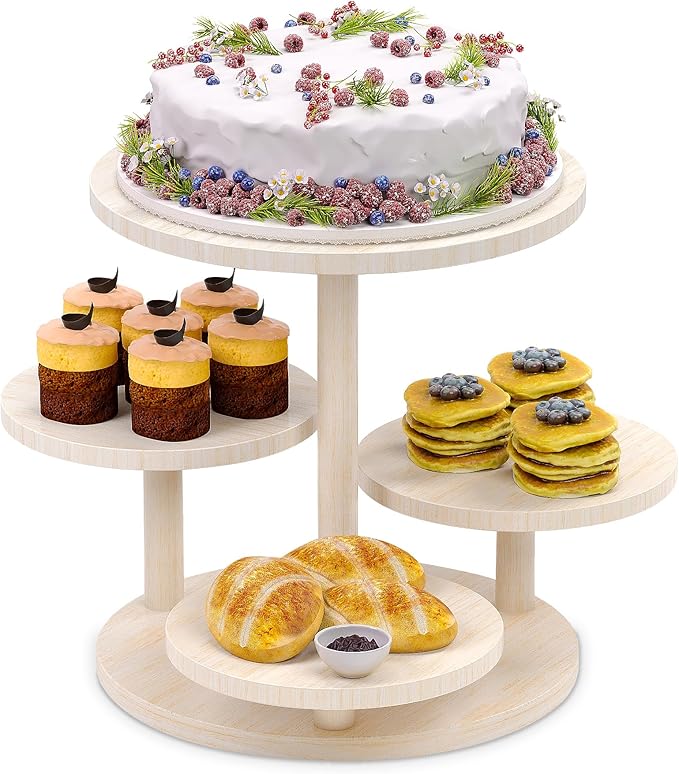 HURZMORO 4 Tier Round Cupcake Tower Stand for 50 Cupcakes,Wood Cake Stand with Tiered Tray Decor,Farmhouse Tiered Tray Decor,Cupcake Display for Birthday Graduation Baby Shower Tea Party,White