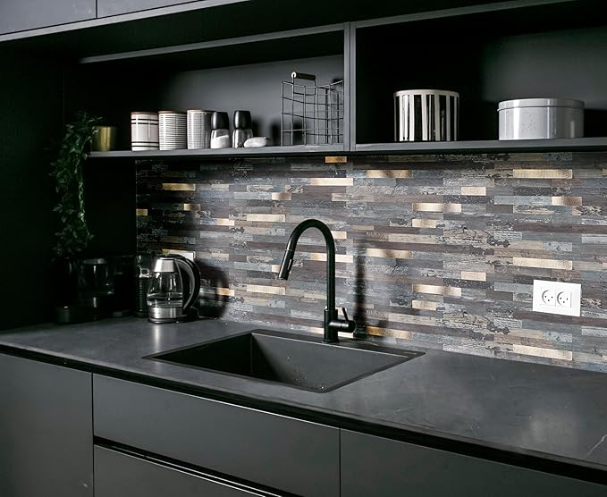 Yipscazo 20 Sheets Peel and Stick Stone Metal Backsplash, PVC Wall Tiles Stick on Tiles for Backsplash Kitchen, Bathroom, Fireplace (6'' X 12'', Ecru Rustic)