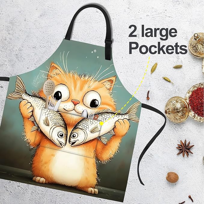 Funny Cat Apron with 2 Pockets Waterproof for Men Women Kitchen Garden Decor
