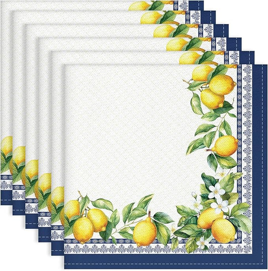 Lemon Green Leaf Print Cloth Napkins 100% Cotton, 18" X 18" Dinner Napkins Cloth Set, Washable Napkins for Home, Kitchen, Dinner, Party, Wedding, Cocktail, Set of 6