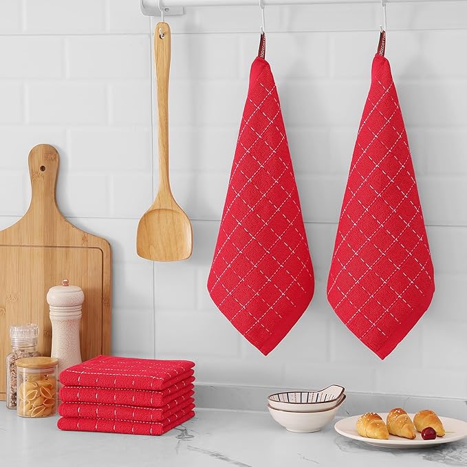 Mordimy 100% Cotton Terrycloth Kitchen Towels and Dishcloths Sets, Soft and Absorbent Checkered Dish Towels, Quick Drying Dish Rags for Washing Dishes, 4 Pack 16" x 26" & 4 Pack 12" x 12", Red