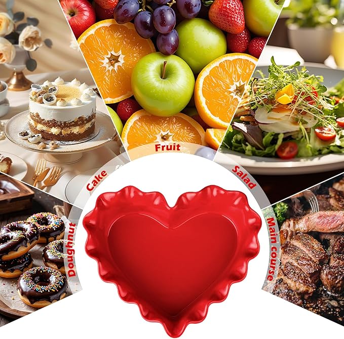 FoldTier 9in Valentine's Day Heart Shaped Deep Pie Dish 2.6in Ceramic Ruffle Heart Pie Pan Baking Dish for Valentine Wedding Anniversary Party Apple Quiche Pot Pies Tart for Microwave Oven(Red)