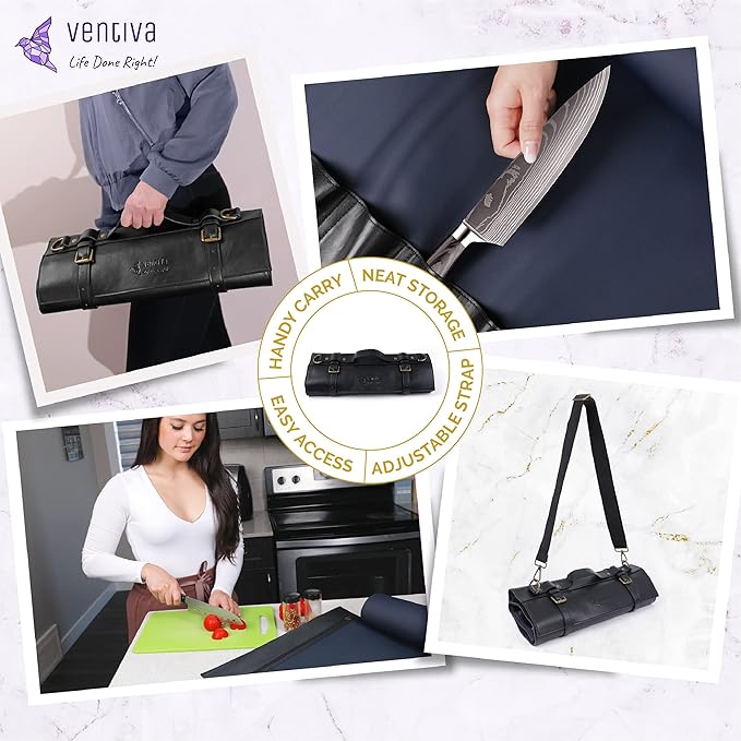 Professional Knife Roll Bag, 9-Slot Leather Knife Case with Shoulder Strap, Black Leather