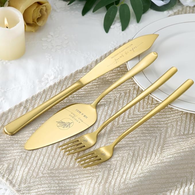 AW BRIDAL 4Pcs Wedding Cake Cutting Set with Forks, Stainless Steel Engraved Wedding Cake Knife Pie Server Gifts for Bridal Shower Engagement, Gold