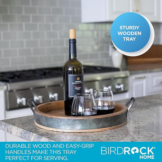 BIRDROCK HOME Large Round Wooden Serving Tray with Handles & Iron Accents - Round Barrel Tray for Living Room, Kitchen, Coffee Table Decor, Breakfast, Cheese Board & Bar - Tray Platter in Lap & Couch