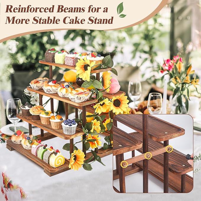 Wooden 7 Tier Cupcake Stand & Towers Serving Trays for Party with Vine Decoration — Party Display Serving Ladder with Platter for Cake, Snacks — Perfect for Catering, Events & Centerpieces