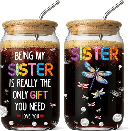 Gifts for Sister 16 Oz Glass Cups with Lids and Straws Funny Sis Iced Coffee Cup Birthday Mother's Day Christmas Gift from Brother Sisters for Friends Sibling Soulmate Bestie Women BFF