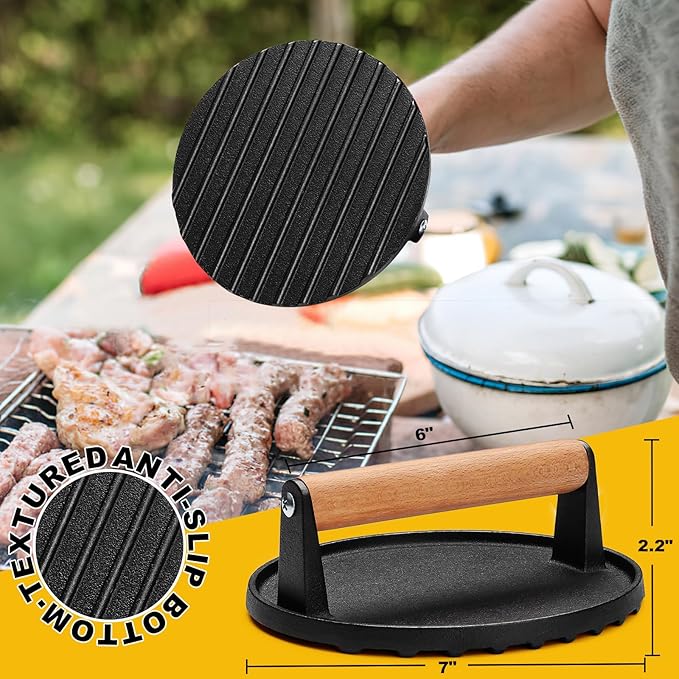 AIVIKI Burger Press, Smash Burger Press for Blackstone Griddle, Heavy Duty Cast Iron Round 6.9In Bacon Grill Press with Wood Handle, Meat Steak Weight for Sandwich, Paninis (Round)