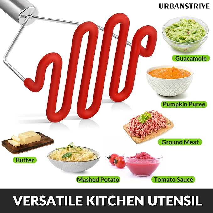 Urbanstrive Non-Scratch Silicone Potato Masher Kitchen Tool, Potatoes Masher Potato Masher Stainless Steel Wrapped In Premium Silicone, Potato Smasher, Red