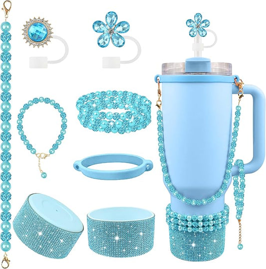 9PCS Blue of Stanley Cup Accessories Set 30/40 OZ Bling Pearl Rhinestones Charms for Stanley Decorations Tumbler Accessories Including Flower Straw Topper, Rhinestones Boot 30/40 OZ