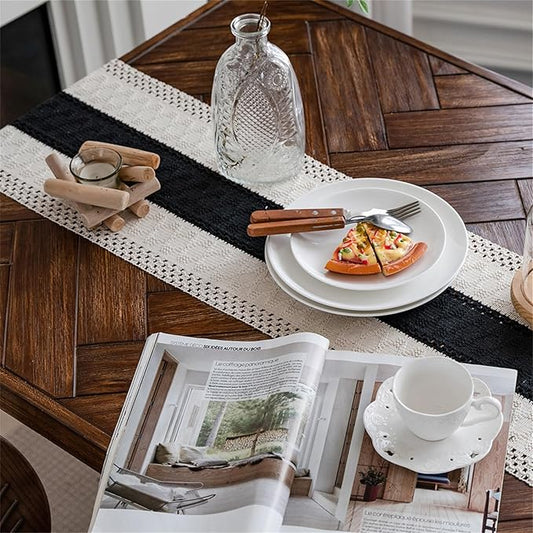 Alynsehom Macrame Table Runner Cream Beige and Black Boho Table Runners with Tassels Hand Woven Cotton Table Runner Rustic Farmhouse Table Runners for Bohemian Kitchen Dining Table(12x48in)