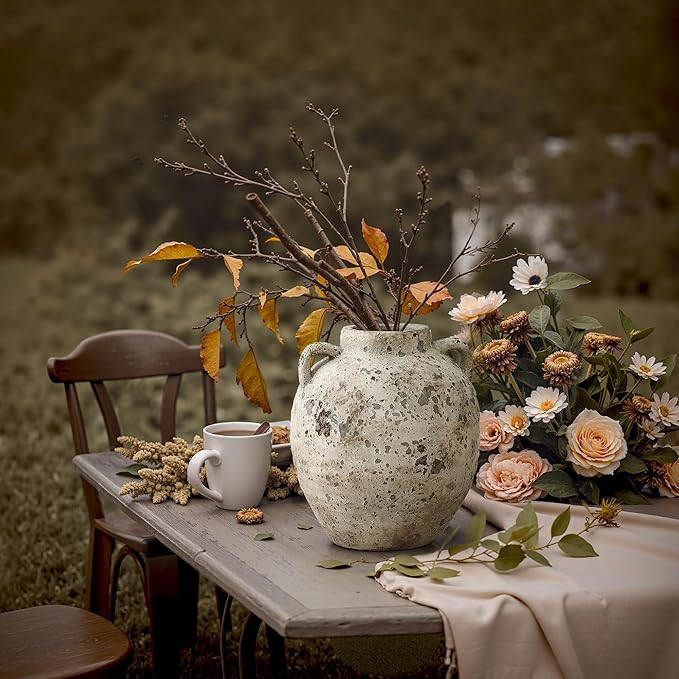 LuxenHome Rustic Antiqued Ceramic Vase, 12'' Tall Round Bouquet Terracotta Vase, Farmhouse Vase for Shelf Dining Table Decor, Vintage Boho Pottery for Living Room Decor, Home Décor Accents