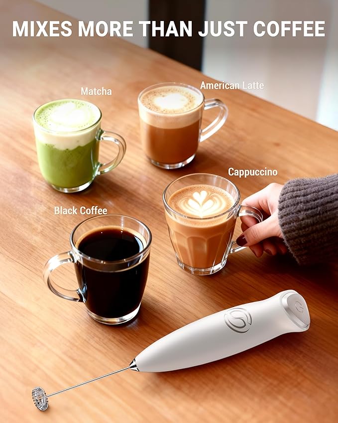 Milk Frother Handheld Frother Wand Drink Mixer Handheld Coffee Stirrers Electric Frother for Coffee Mixer Wand with 2 Whisk frother for protein powder coffee frother handheld-White