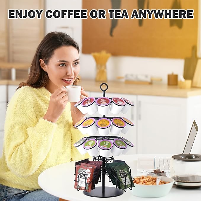 Coffee Pod Holder for Keurig & Tea Bag Organizer, K-Cup Holder Compatible with 36 K-Cups Pods, 60 Tea Bags, Spins 360-Degrees Carousel Stand, Coffee Pod Tea Bag Storage Stand Organizer for Countertop