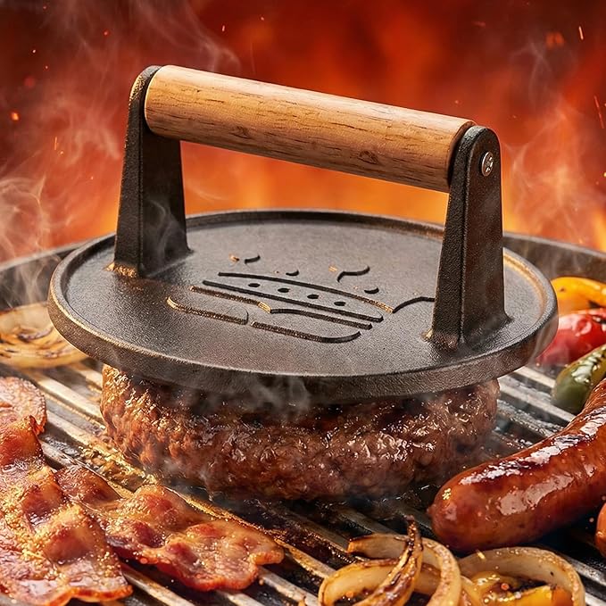 Smash Burger Press 6.5”, Flat Round Edge Cast Iron Grill/Bacon/Meat/Hamburger/Chef Press with Wood Handle, 1.74lb Burger Press Patty Maker for Griddles & Pans, Nonstick Hamburger Smasher Tool for BBQ