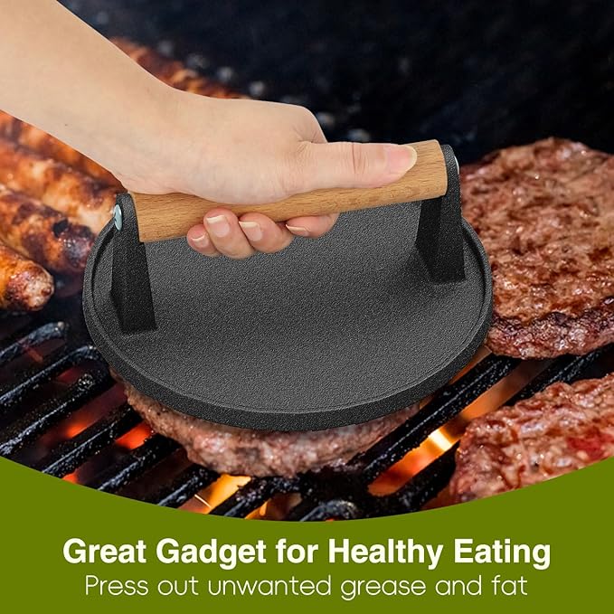 Wildone Burger Press, 7" Round & 8.2"X4.3" Rectangle Heavy-Duty Cast Iron Smash Bacon Press Meat Steak with Wood Handle for Griddle, Sandwich, Panini, Nonstick Pan