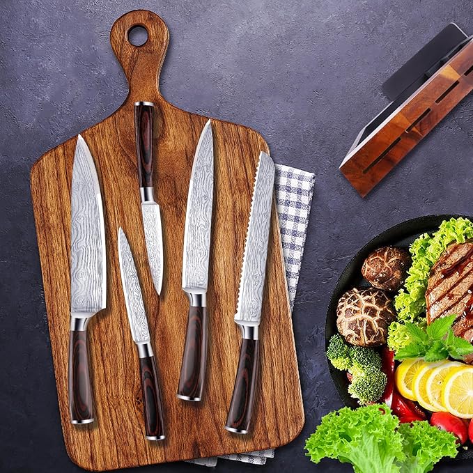 5 Piece Kitchen Knife Set with Block - High Carbon Stainless Steel Sharp Blade Chef Knives Sets with Ergonomic Wood Handle, Kitchen Knife Block Set for Home Cooking -5