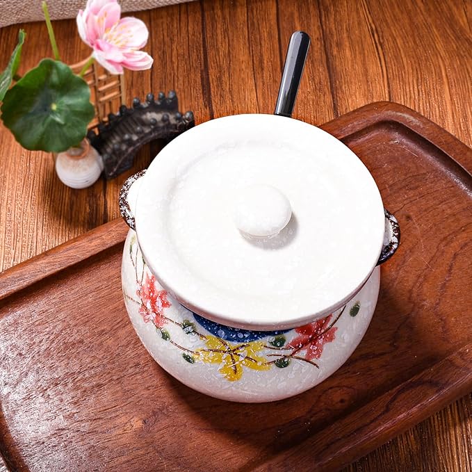 Japanese Red Flower Ceramic Sugar Jar & Spice Container with Lid & Stainless Steel Spoon Set – Kitchen Storage, Elegant Floral Design, Sustainable Gift (Zen-Inspired Tableware)