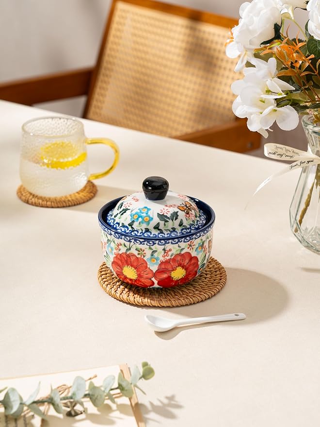 silesia Handmade Sugar Bowl with Lid and Spoon, 10 Ounce Ceramic Hand-Painted Sugar Jar for Kitchen in Gift Box, Kitchen Decor, Oven, Dishwasher & Microwave Safe, Flowers Red