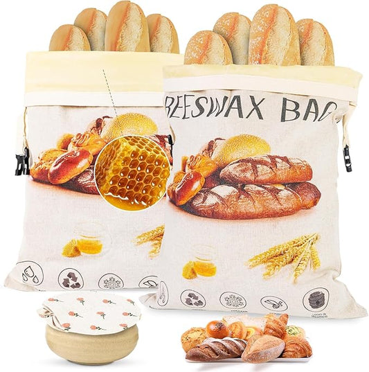 2-Pack Reusable Beeswax Bread Bags for Homemade Bread Sourdough, 2 Natural XL Beeswax 100% Linen Moisture-proof Lined Storage Bags with Buckle& 1 Bowl Covers –Easy to Clean,Keeps Bakes Fresh Longer