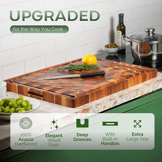 Howizz Acacia Wood Large Cutting Board, Thick End Grain Solid Wood Butcher Block For Kitchen, Non Toxic Pre-Oiled Carving Tray w/Juice Grooves and Easy Grip Handle, 17"x13"x1.5" (Gift-Ready Box)