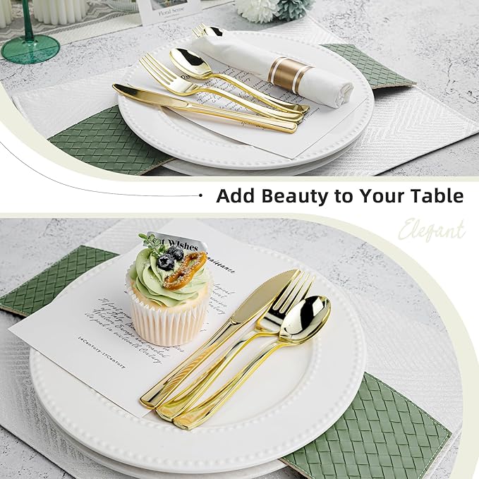 400PCS Pre Rolled Gold Plastic Silverware Sets, Heavy Duty Gold Cutlery, Include 100 Pack Wrapped Disposable Utensils with Napkins for Parties and Weddings