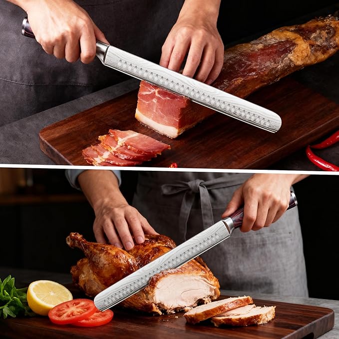 Brisket Knife Meat Carving Knives - 12 Inch Ultra Sharp High Carbon Steel Kitchen Carving Slicing Knife with Ergonomic Wood Handle & Gift Box for Turkey, Meat Cutting, BBQ