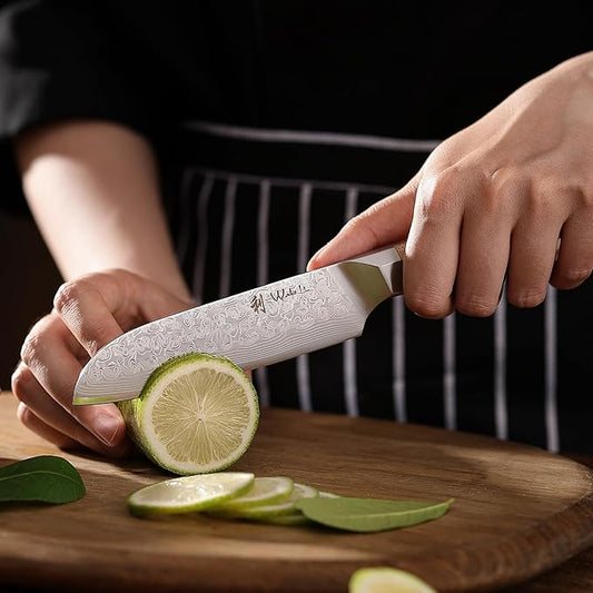 Wakoli Oribu Small Santoku Knife – Full Tang Kitchen Knife | 5-Inch Blade Made of 67-Layer Damascus Steel with AUS-10 Core | Ergonomic Olive Wood Handle | Sharp & Durable