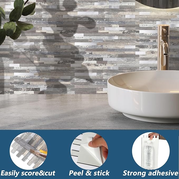 Yipscazo 10 Sheets Peel and Stick Stone Metal Backsplash, PVC Wall Tiles Stick on Tiles for Backsplash Kitchen, Bathroom, Fireplace (6'' X 12'', Light Wood)