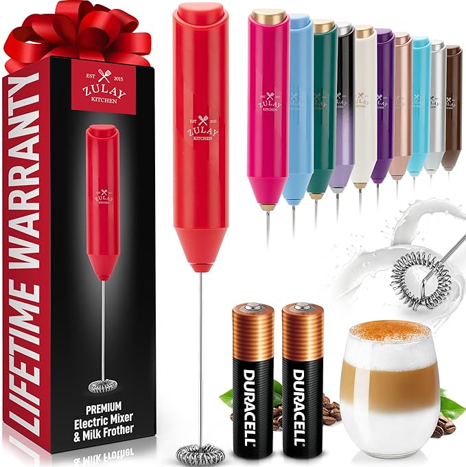 Zulay Kitchen Powerful Milk Frother Handheld with 2 Duracell AA Batteries – Ultra Fast Frother Wand Electric Drink Mixer for Coffee, Lattes, Cappuccinos, Matcha & Hot Chocolate – Portable Foam Maker