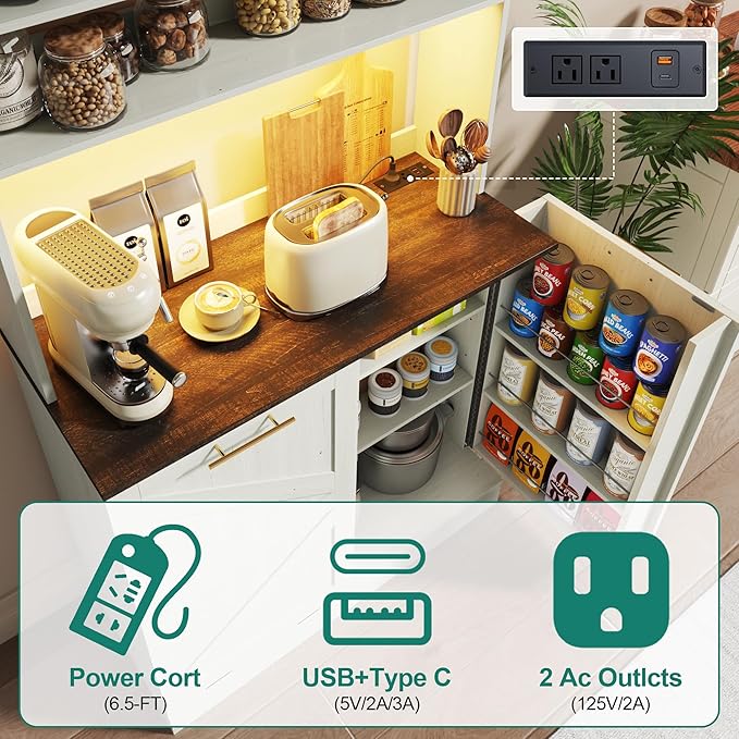 63" H Pantry Cabinets with 10 Gallon Trash Can,Led Light,Outlet,35" W Kitchen Hutch with Tilt Out Trash Can Cabinet,Farmhouse Cupboard with Large Countertop