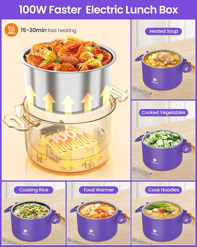 Electric Lunch Box, Portable Food Warmer for Car Truck and Office, Portable Heater 110V & 12V 24V 50W Stainless Steel Food Heater, with Spoon Fork Carry Bag (Youthful Purple)