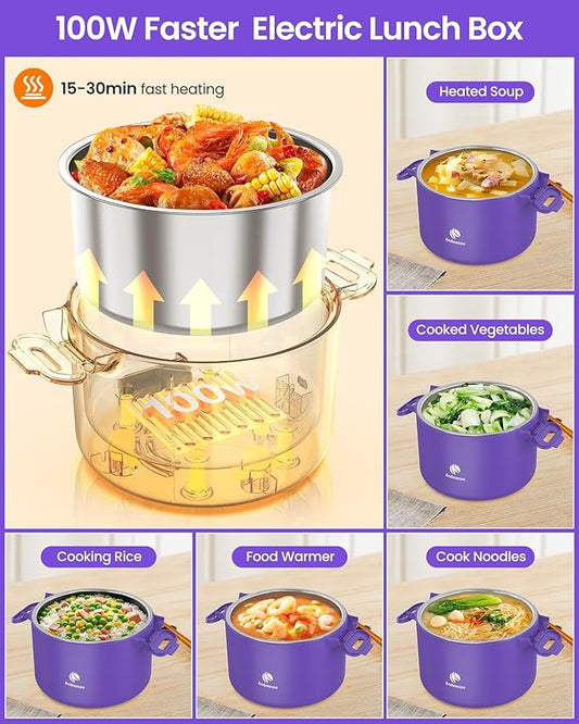 Electric Lunch Box, Portable Food Warmer for Car Truck and Office, Portable Heater 110V & 12V 24V 50W Stainless Steel Food Heater, with Spoon Fork Carry Bag (Youthful Purple)
