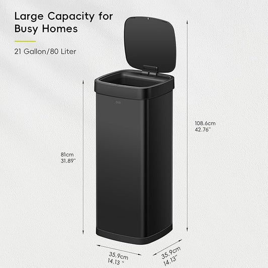 EKO EcoSmart 80L / 21.1 Gallon Motion Sensor Trash Can – Tall, Large Touchless Automatic Kitchen Garbage Bin with Soft-Close Lid for Home or Office, Brushed Stainless Steel, Matte Black