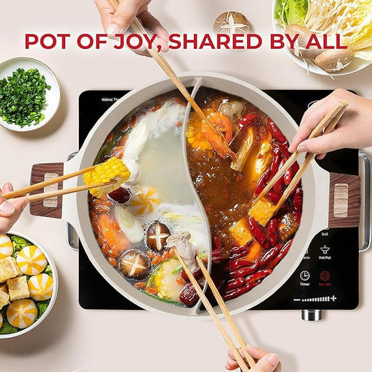 Rosewill 4.2QT Double Flavor Non-Sticking Shabu Shabu Hot Pot with Divider, 13 inch Divided Stockpot for Cooking, Hot Pot for Induction Cooktop & Gas Stove, Electric Burner - Beige