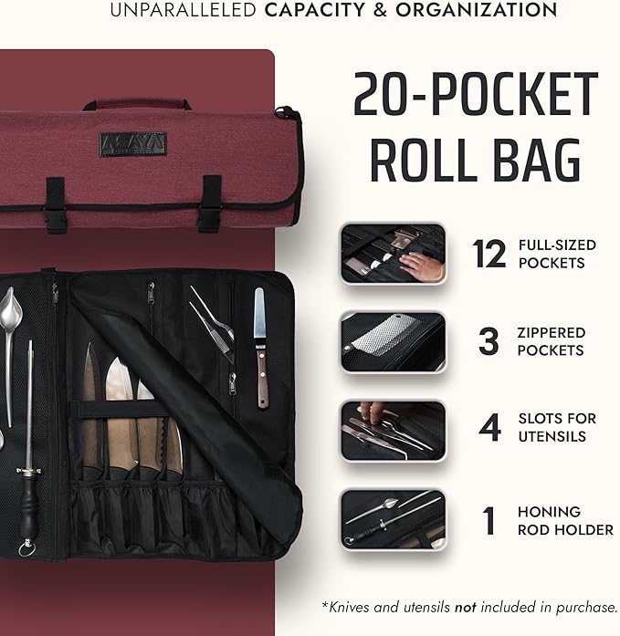Asaya Chef Knife Roll Bag - 20 Total Pockets for Knives and Kitchen Utensils - Made with Stain Resistant Waxed Nylon - For Chefs and Culinary Students - Knives Not Included(Red)