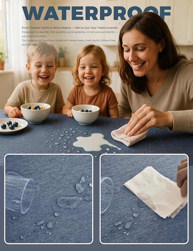 Faux Linen Farmhouse Table Cloth 60"x144" for 10 ft Rectangle Table, Denim Blue Waterproof Outdoor Washable Tablecloth for Rectangular Dining Room Kitchen Outdoor Party Restaurant Table