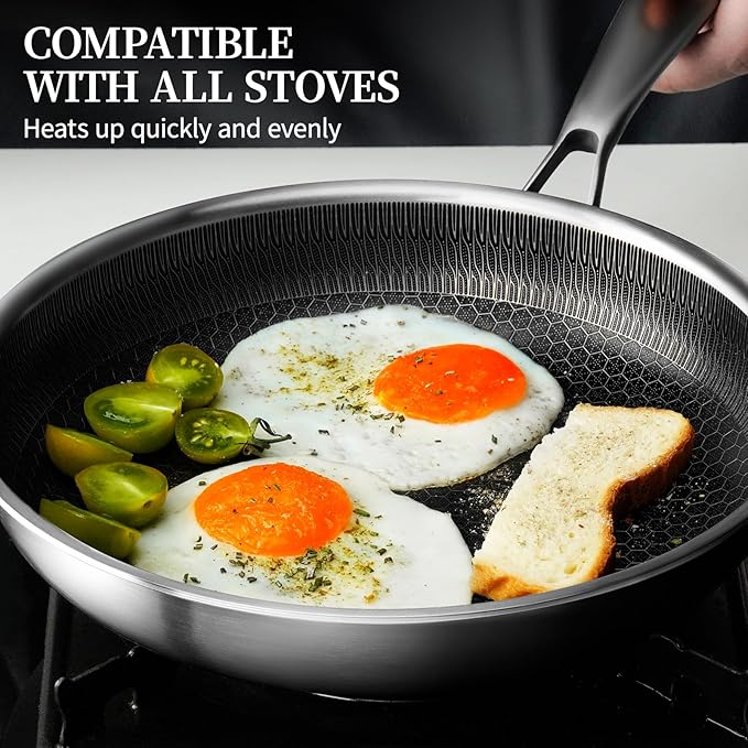 CADIVIZZO Stainless Steel Frying Pan with Lid - 9.5 Inch Nonstick Frying Pan with Lid, Honeycomb Stainless Steel Skillet Omelet Chef's Pan with Stay Cool Handle, Induction Compatible, PFOA Free