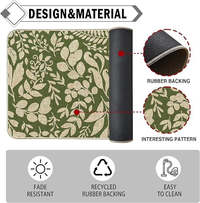 Spring Kitchen Rug and Mat Set of 2 Green Leaves Floor Mat Non Slip Rubber Backing Low-Profile Kitchen Rugs for Floor Summer Kitchen Decor for Home Bath Office- 17x29 and 17x47 Inch
