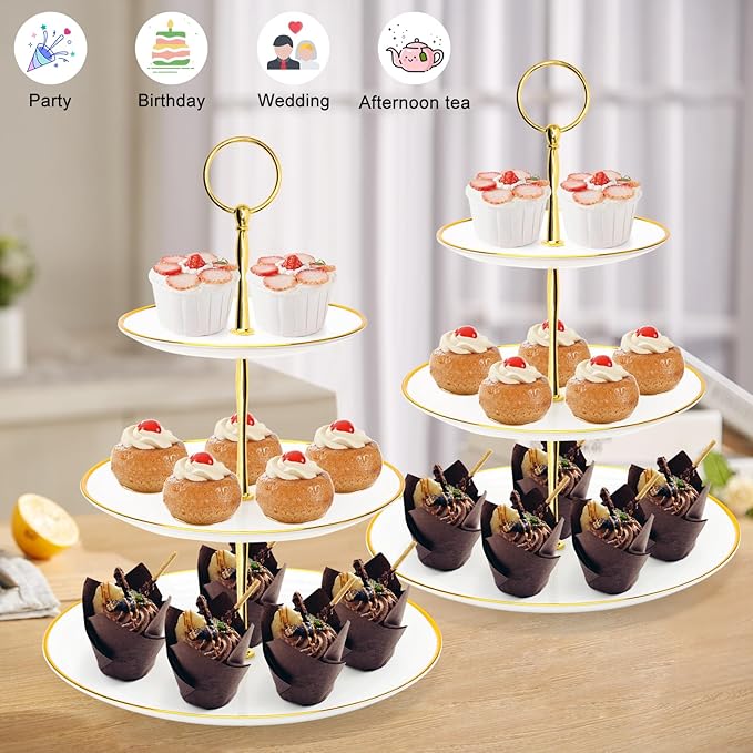 Coitak 3 Tier Cupcake Stand, Plastic Tiered Serving Stand, Dessert Tower Tray for Tea Party, Birthday and Wedding (Round-gold edge)
