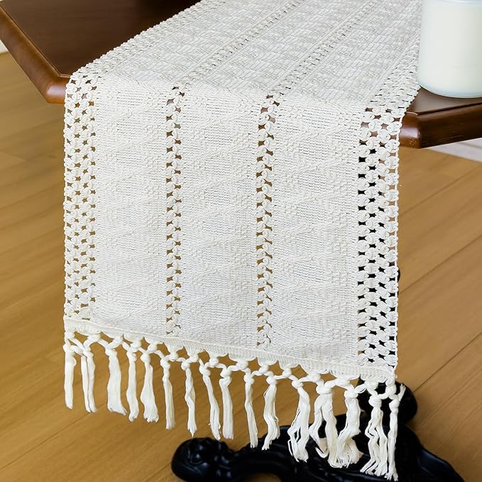 Macrame Table Runner Cream Beige Boho Table Runners with Tassels 90 Inches Long, Rustic Farmhouse Table Runners for Bohemian Kitchen Dining Table(12x90in)