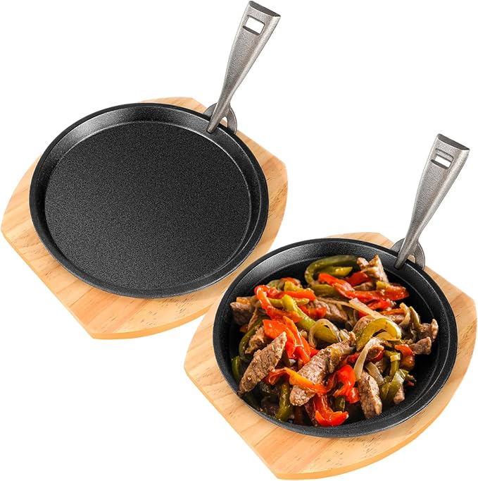 Mimorou 2 Set 10.3 Inch Cast Iron Fajita Plate Set with Wooden Base Anti Scald Protection Removable Handle Fajita Plate Sizzling Pan Cast Iron Skillets Sets for Home Restaurant Kitchen BBQ Cooking