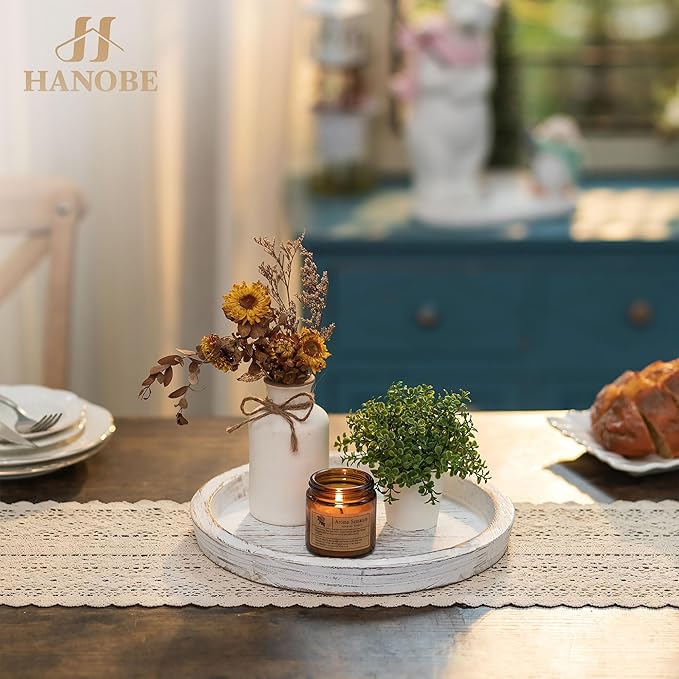 Hanobe Candle Plate Holder Tray: Round Wooden Decorative Candle Plate Small Farmhouse Table Centerpiece Rustic White Wood Tealight Pillar Trays for Home Decor