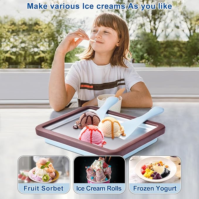 ROEDEER Rolled Ice Cream Maker, Ice Cream Roll Maker Plate with 2 Spatulas, Instant Rolled Ice Cream Machines for DIY Ice Cream, Includes Recipe Book, Fun Gifts for Kids, Color:Brown and Blue