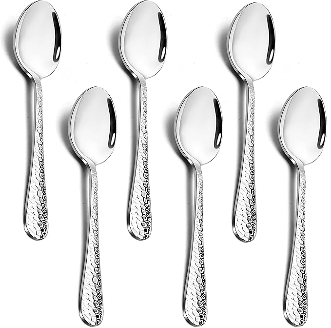Stainless Steel Hammered Dinner Spoons Set, E-far 6-Piece Modern Silver Large Soup Spoons for Home, Kitchen, Restaurant, Round Edge & Mirror Polished, Dishwasher Safe - 7.9 Inches