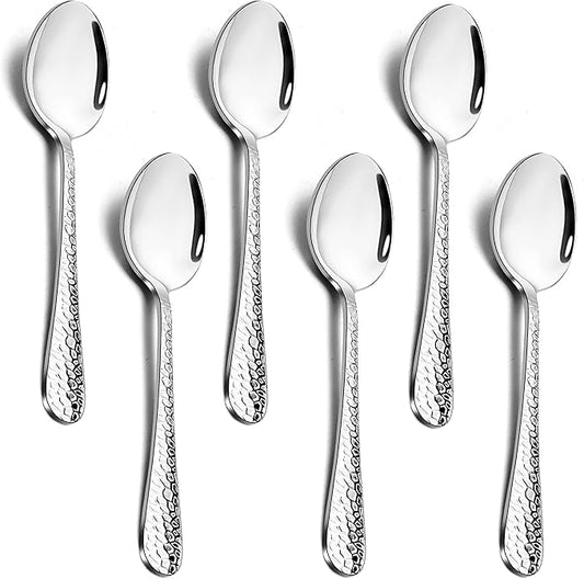 Stainless Steel Hammered Dinner Spoons Set, E-far 6-Piece Modern Silver Large Soup Spoons for Home, Kitchen, Restaurant, Round Edge & Mirror Polished, Dishwasher Safe - 7.9 Inches