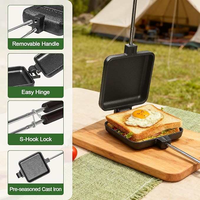 Mountain Pie Maker Cast Iron Set of 2 - Pie Irons for Camping with Storage Bag, Campfire Sandwich Maker Cast Iron
